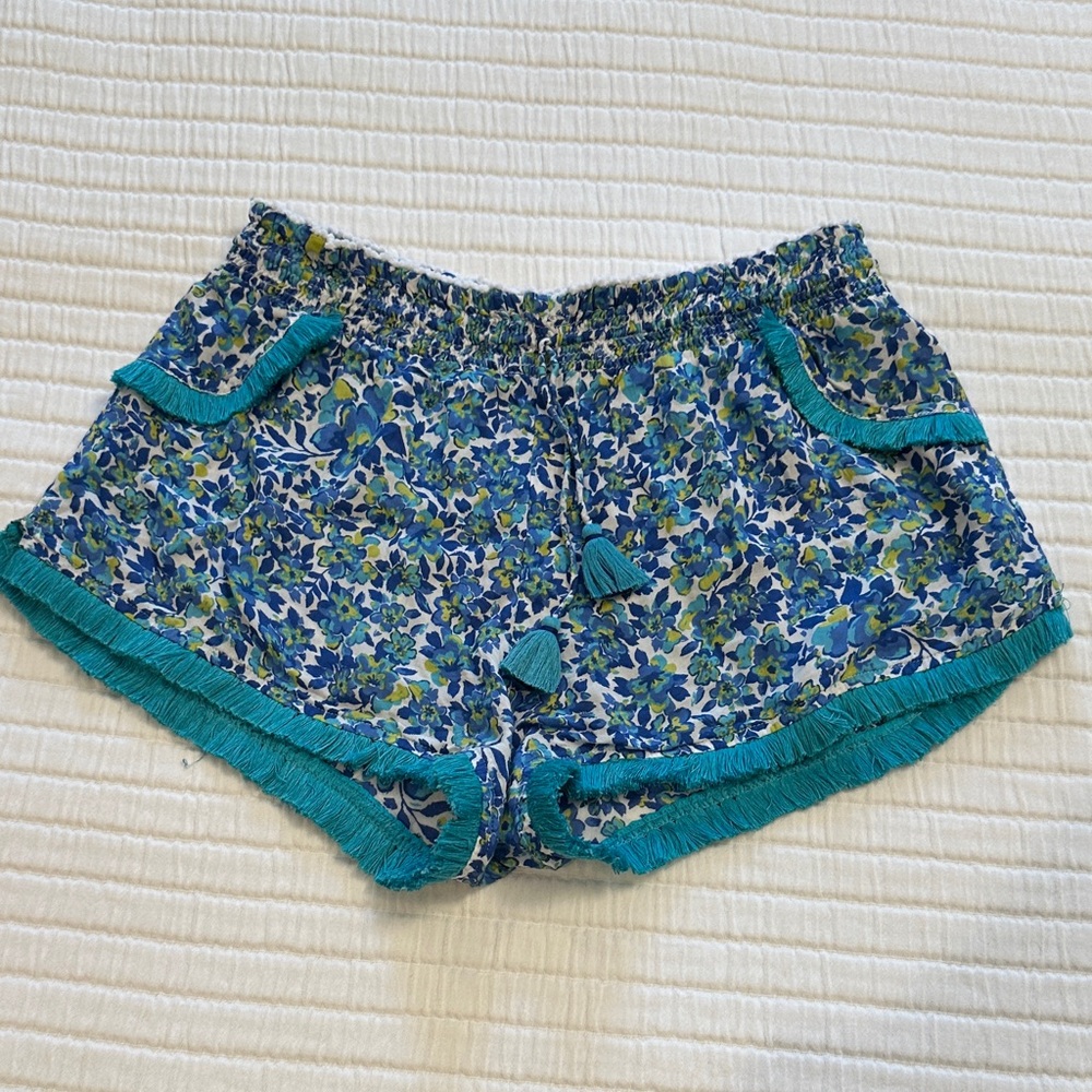 Poupette St. Barth Blue Floral Fringe Shorts, size 12